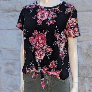 Pink flowers Black T-shirt Blouse Short Sleeve